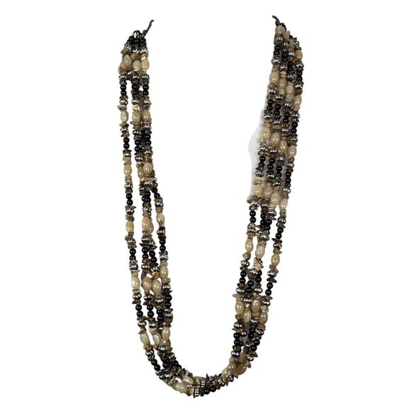 Beaded 4 Strand Chain Necklace Hook 27" Long Extend 11" Brown Tan Chip Round - Picture 9 of 9